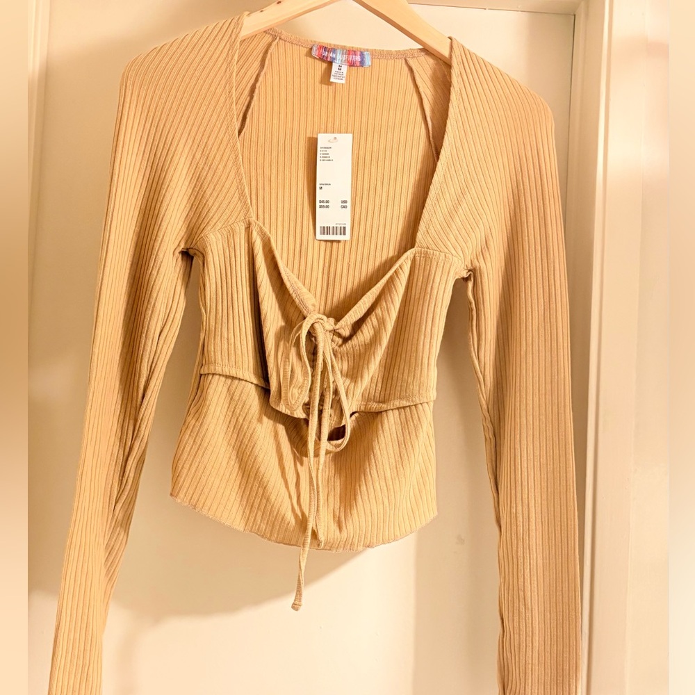 Urban Outfitters Beige Ribbed Tie-Front Top